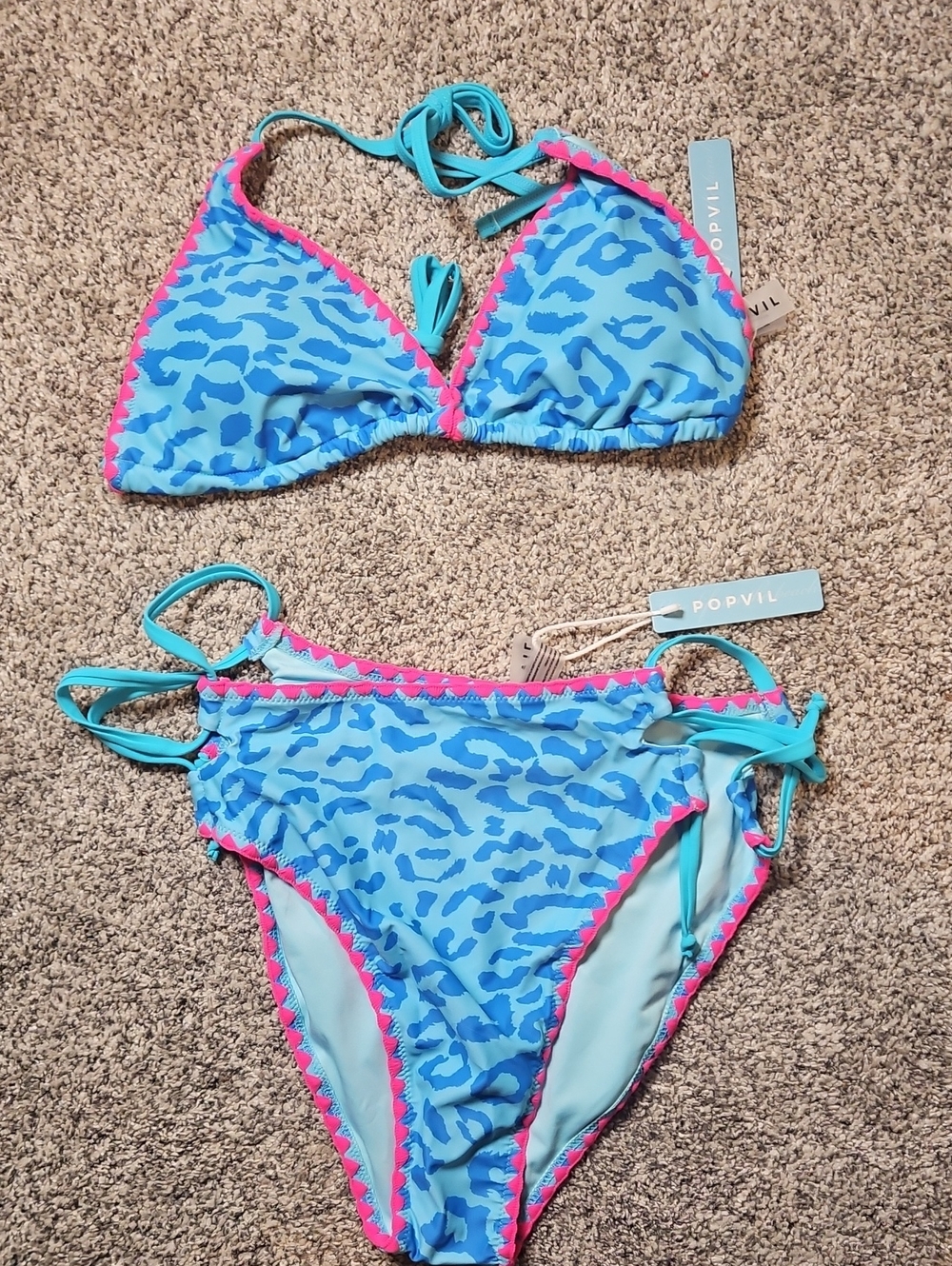 Popvil Blue Leopard Print Bikini with Pink Trim